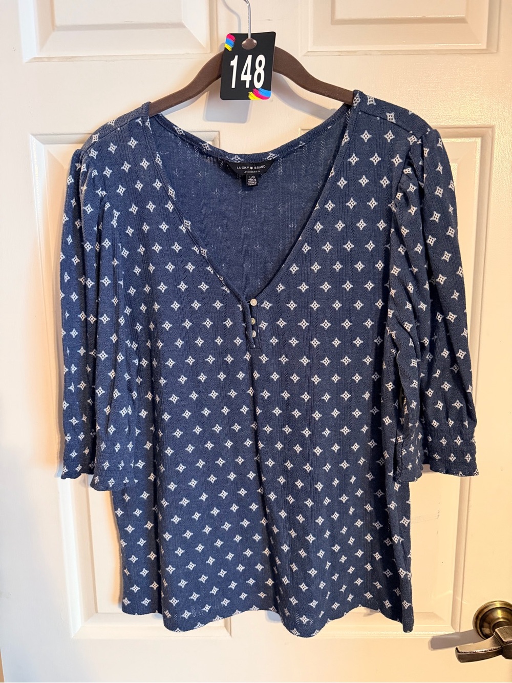 Lucky Brand Blue Printed V-Neck Button Front Tunic